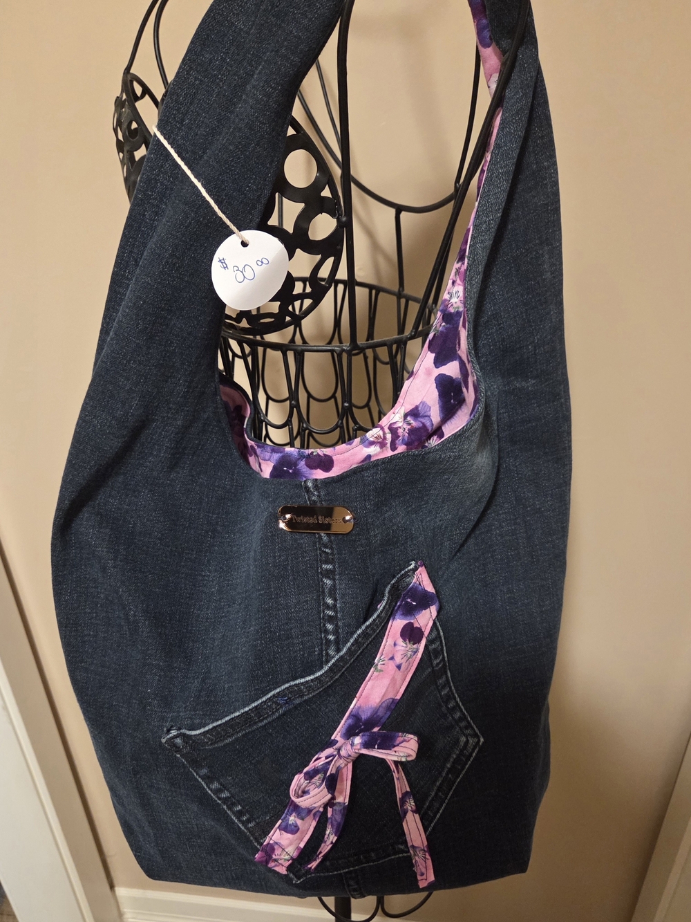 Denim Hobo Bag with Pink & Purple Floral Lining